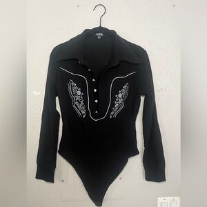 Black Cowboy-Style Bodysuit with Blue & White Detail - XL - Dolls Kill